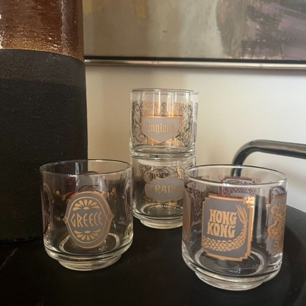 Vtg TWA World Destinations Glasses Set Of 4 Hong Kong France England Greece MCM